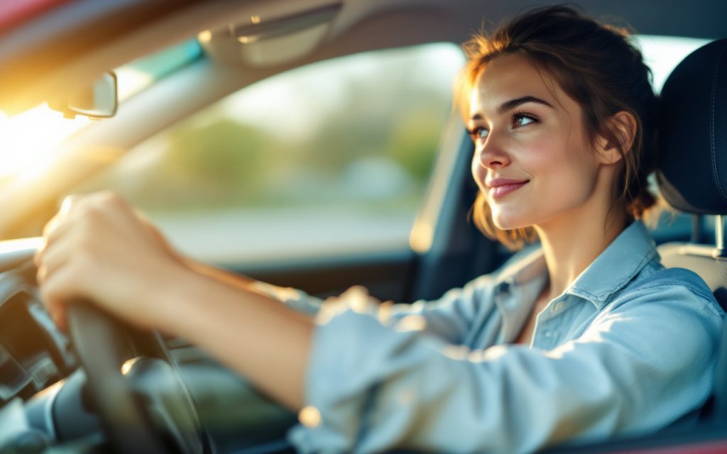 Un étudiant assis dans le siège conducteur d'une voiture, se préparant pour un examen de conduite, l'air concentré, avec la lumière chaude de l'après-midi filtrant à travers la fenêtre.
