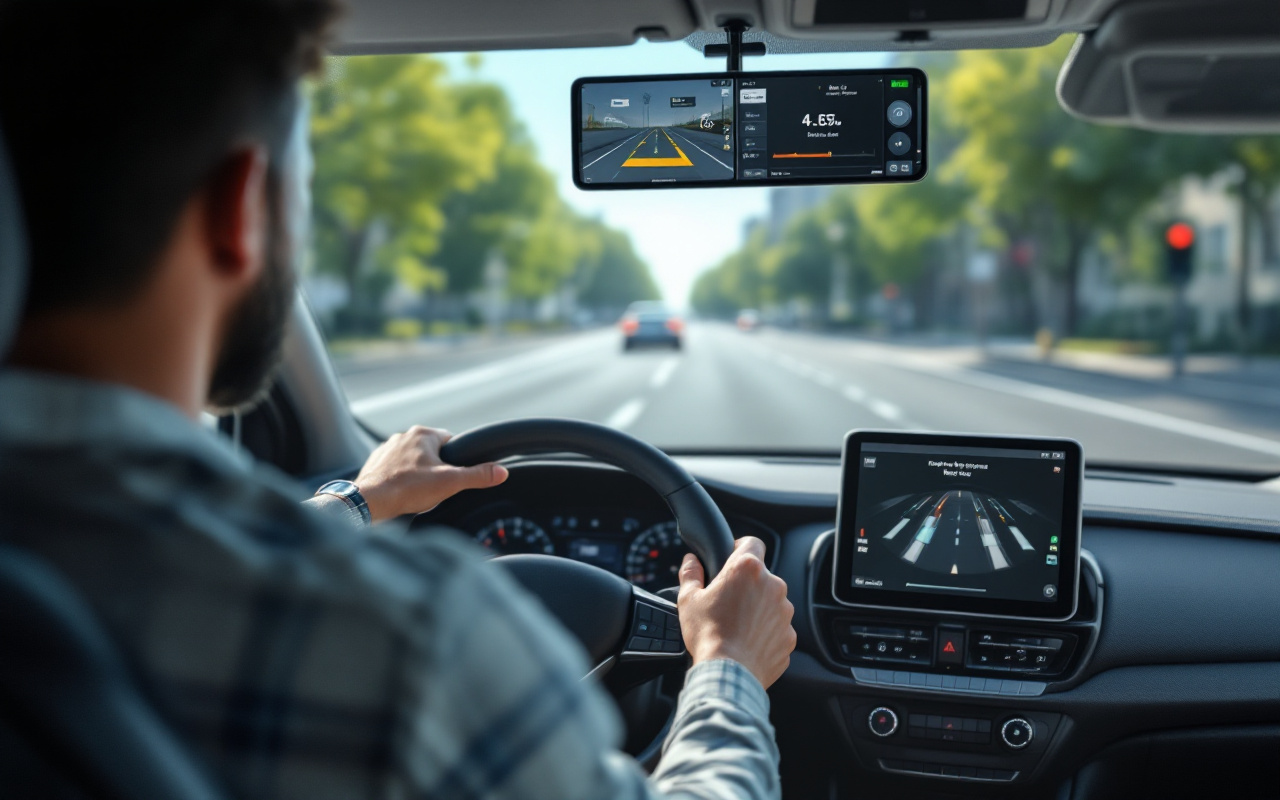 Image illustrant un simulateur de test de conduite en ligne, montrant un environnement de conduite virtuel avec un volant, un tableau de bord et des écrans affichant des scénarios de test, dans une ambiance lumineuse et accueillante.
