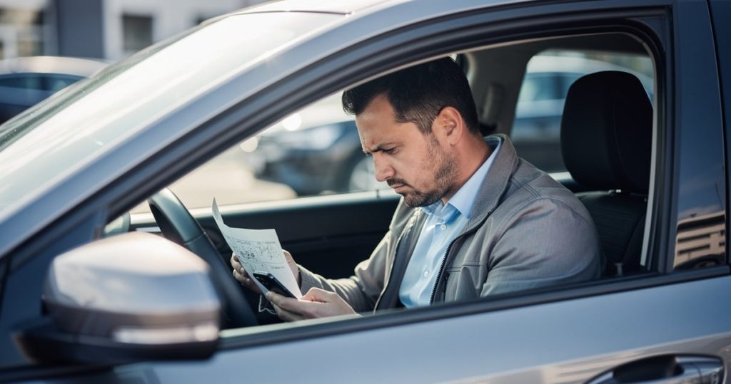 Conducteur examinant ses documents d'assurance auto dans sa voiture