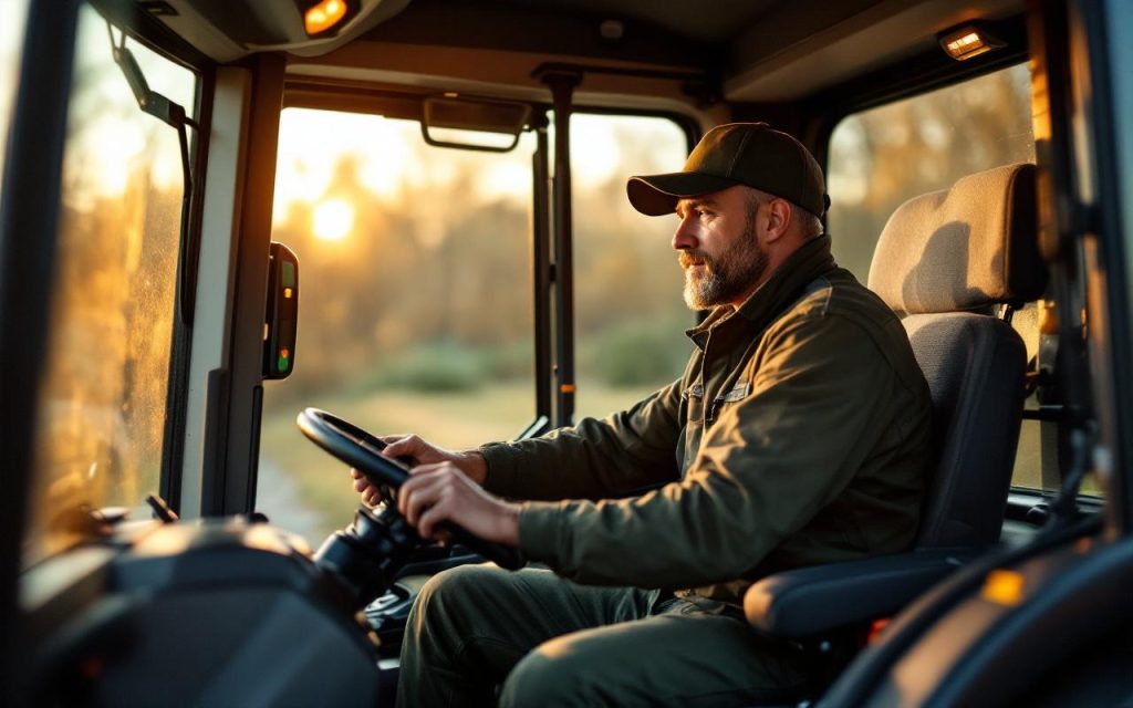 Conducteur agricole dans la cabine d’un tracteur moderne, assis sur un siège suspendu ergonomique et ajustant les commandes, lumière chaude de longue journée à travers les vitres.