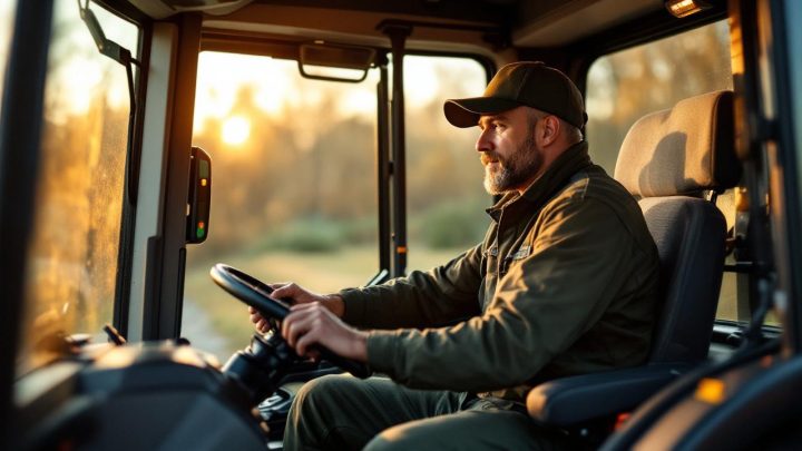 Conducteur agricole dans la cabine d’un tracteur moderne, assis sur un siège suspendu ergonomique et ajustant les commandes, lumière chaude de longue journée à travers les vitres.