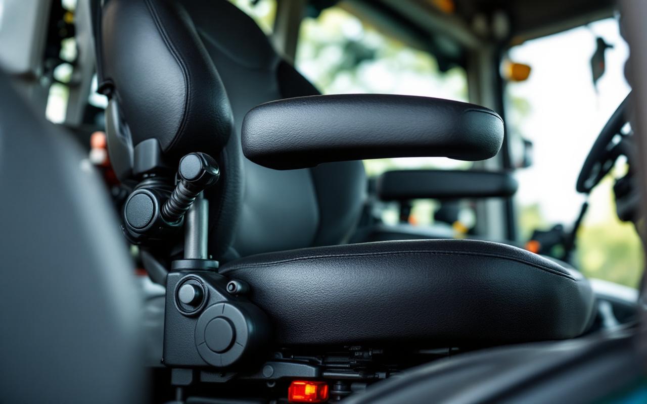 Gros plan sur le siège pneumatique d’un tracteur avec réglages lombaires, accoudoirs et suspension, à l’intérieur de la cabine agricole.