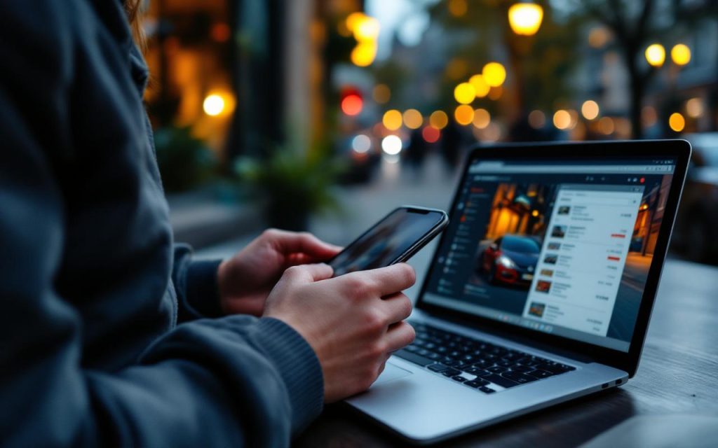 Un acheteur débutant compare des annonces de voitures sur un ordinateur portable, avec un smartphone à côté, dans une ambiance éditoriale automobile réaliste et lumineuse.
