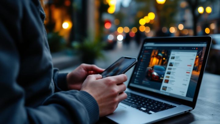 Un acheteur débutant compare des annonces de voitures sur un ordinateur portable, avec un smartphone à côté, dans une ambiance éditoriale automobile réaliste et lumineuse.