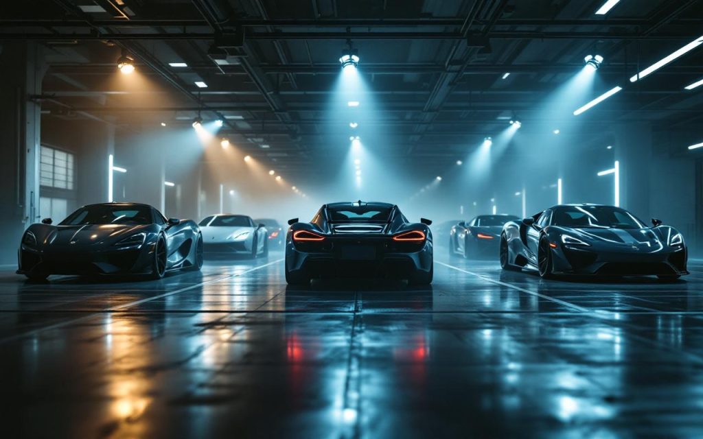 Garage urbain de voitures de luxe avec plusieurs supercars alignées, éclairage cinématographique et reflets sur un sol poli, ambiance premium.