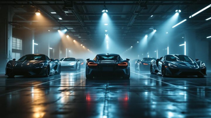 Garage urbain de voitures de luxe avec plusieurs supercars alignées, éclairage cinématographique et reflets sur un sol poli, ambiance premium.