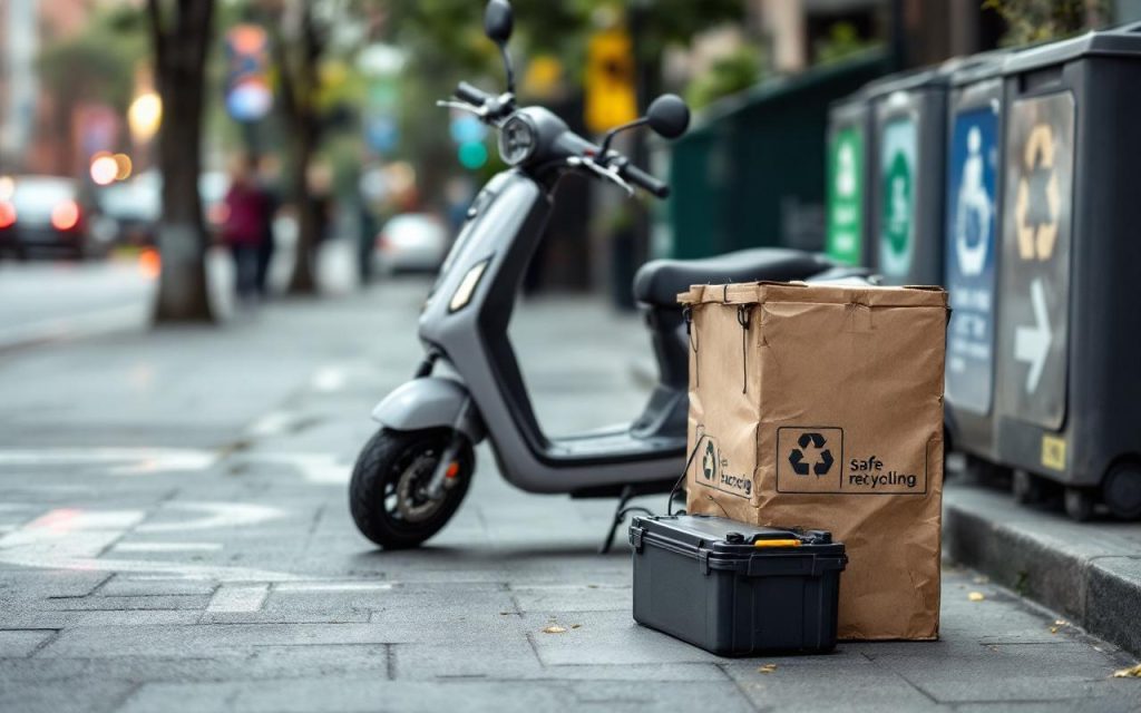 Scooter urbain stationné près d’un point de collecte, avec une batterie usagée mise en avant dans un contexte de recyclage en ville.