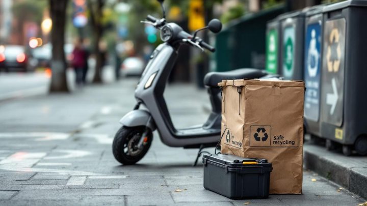 Scooter urbain stationné près d’un point de collecte, avec une batterie usagée mise en avant dans un contexte de recyclage en ville.