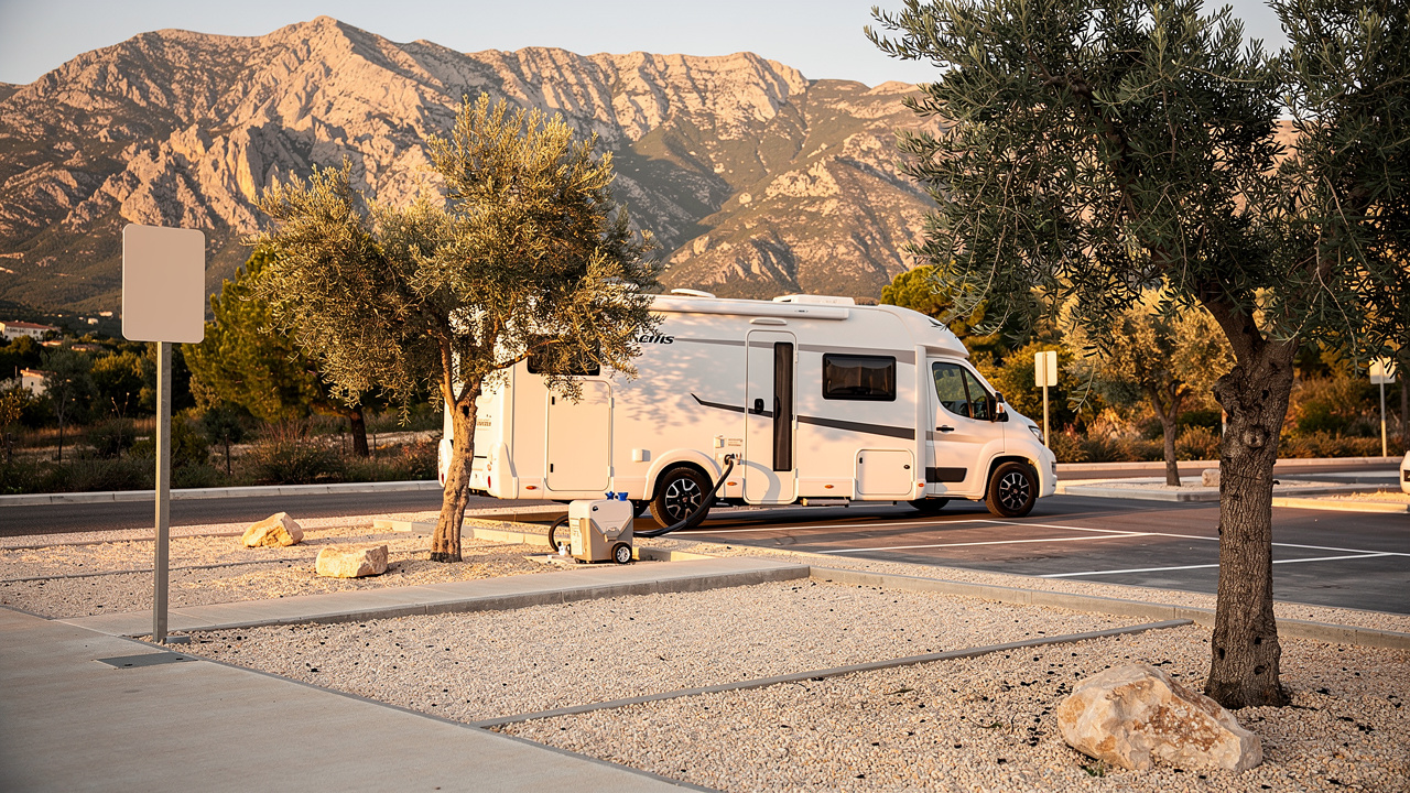 Aire de services pour camping-car en Provence, avec un véhicule blanc raccordé à un point de vidange, des panneaux vierges et des montagnes en arrière-plan.