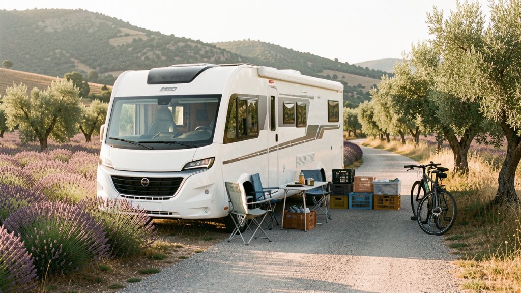 Camping-car moderne équipé stationné dans un paysage provençal au milieu des champs de lavande et des oliviers, avec des accessoires de voyage soigneusement rangés autour.