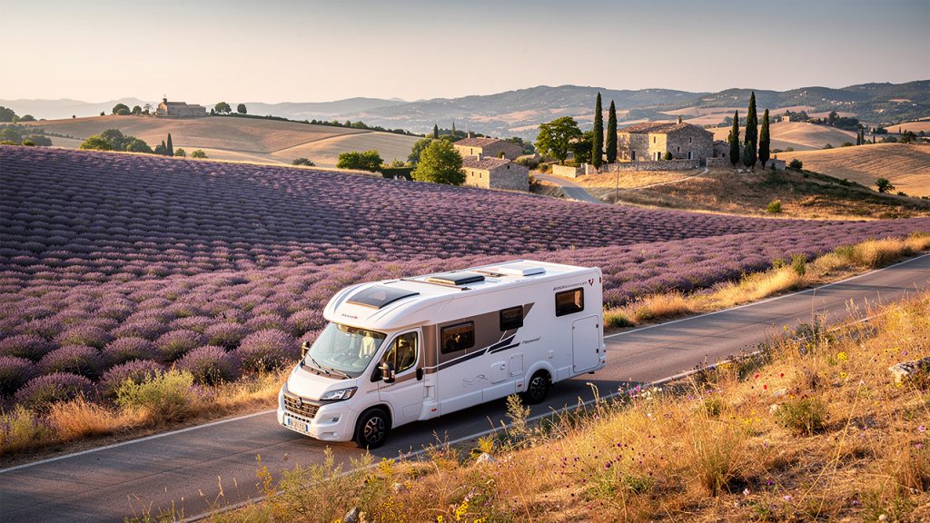 Camping-car profilé blanc roulant sur une route sinueuse de Haute-Provence, entouré de champs de lavande et de collines près de Forcalquier, sous une douce lumière matinale.