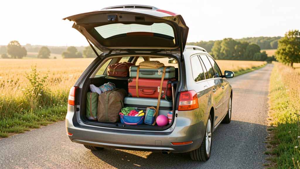 Coffre ouvert d’une voiture familiale soigneusement rempli de bagages fixés, prête pour un départ estival sur une route française.