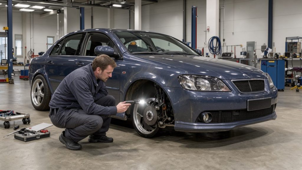 Berline compacte personnalisée inspectée par un contrôleur automobile dans un centre de contrôle technique wallon, avec examen des roues et de la suspension.