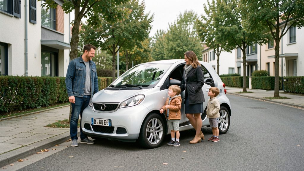 Une famille française composée d’un homme, d’une femme et de deux enfants se tient devant une citadine électrique compacte garée dans une rue résidentielle arborée.